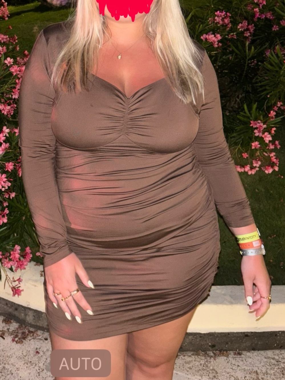 Brown Long-Sleeve Ruched Mini Bodycon Dress